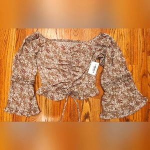 Women Brown Floral Print Off Shoulder Ruched Crop Top